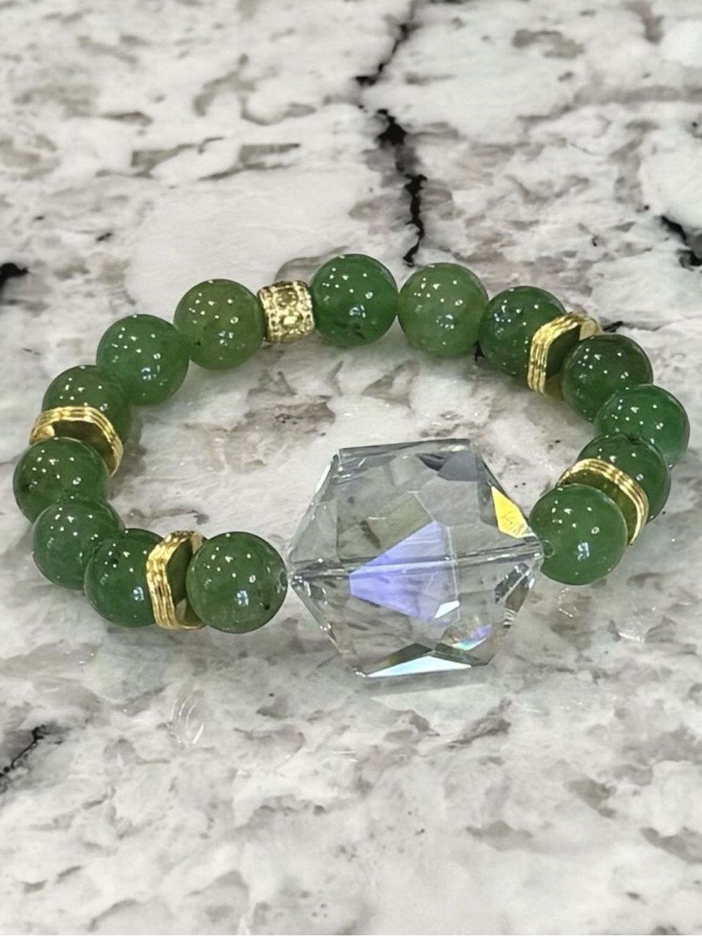 Hand Crafted Natural Green Jade, Hexagon Glass and Gold Bracelet